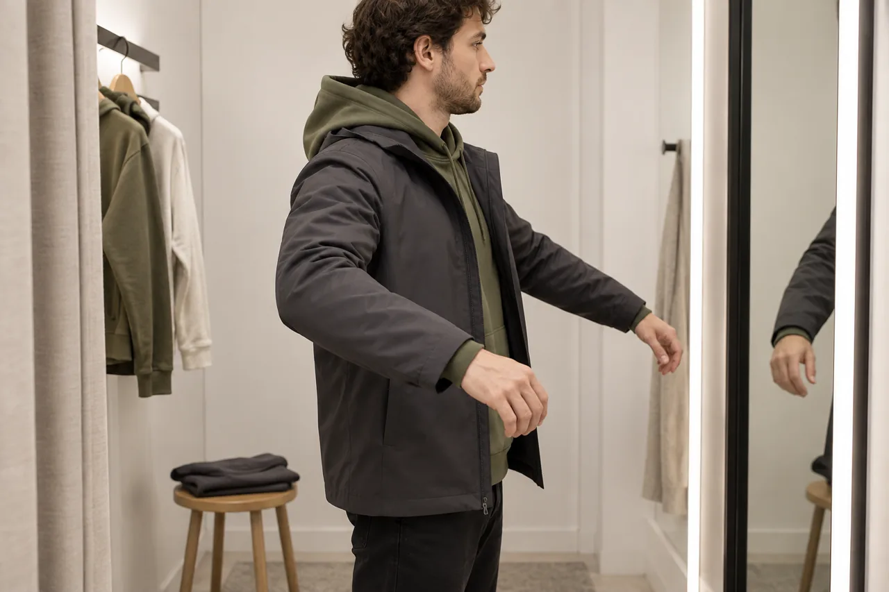 Conceptual fitting-room review of a hoodie underneath an outer jacket