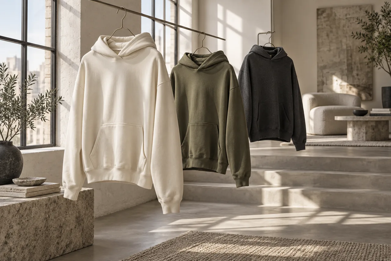 Conceptual display of three plain hoodies with different drapes in a bright studio