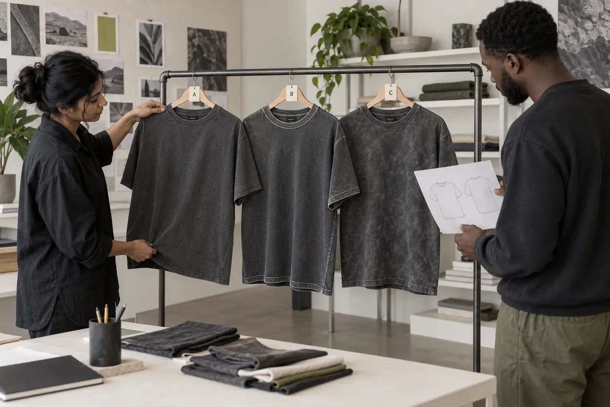 Conceptual adult developers comparing three complete charcoal tee finish proposals labelled A, B and C