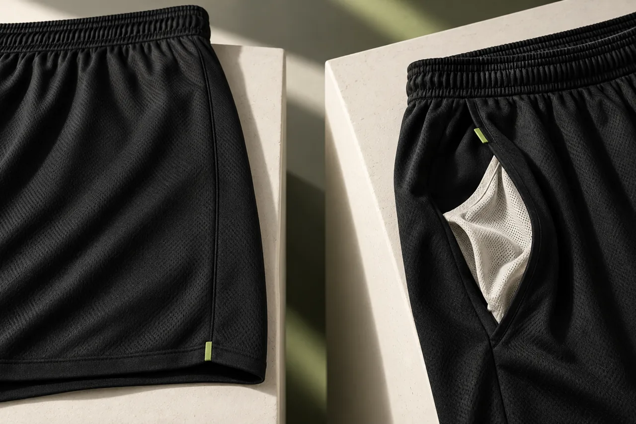Side-by-side construction concepts showing a pocket-free seam and a training-short pocket bag
