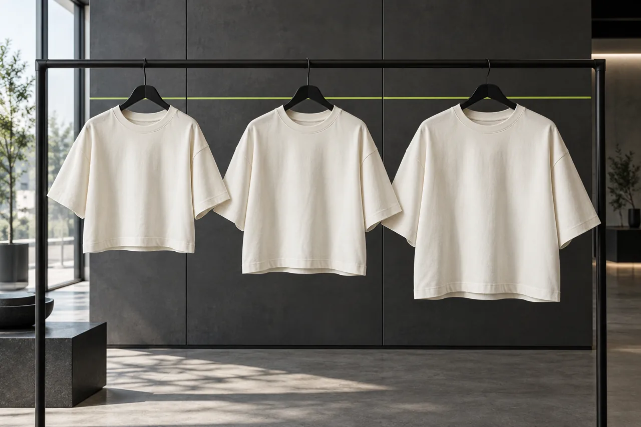 Three illustrative boxy T-shirt samples show a coherent broad silhouette across increasing sizes