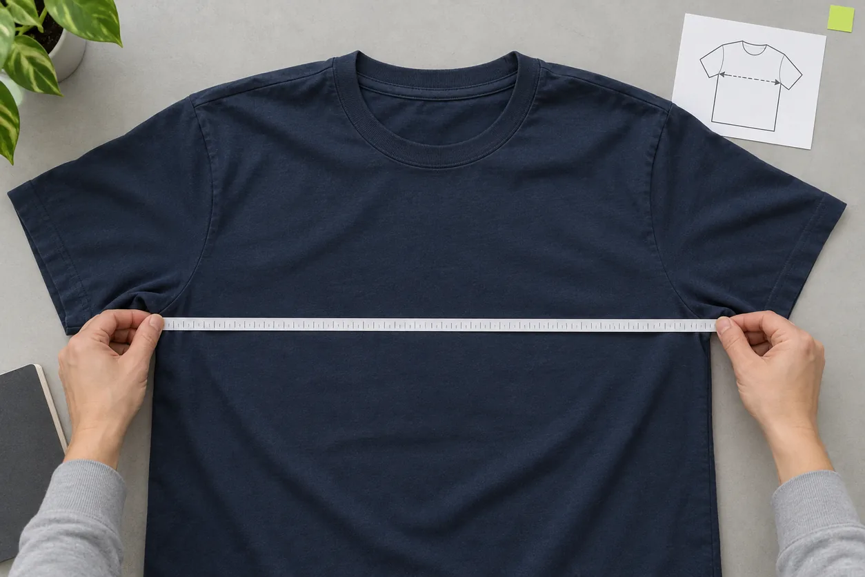 Conceptual relaxed navy T-shirt being measured flat with an accompanying chest-point sketch and no numerical test result