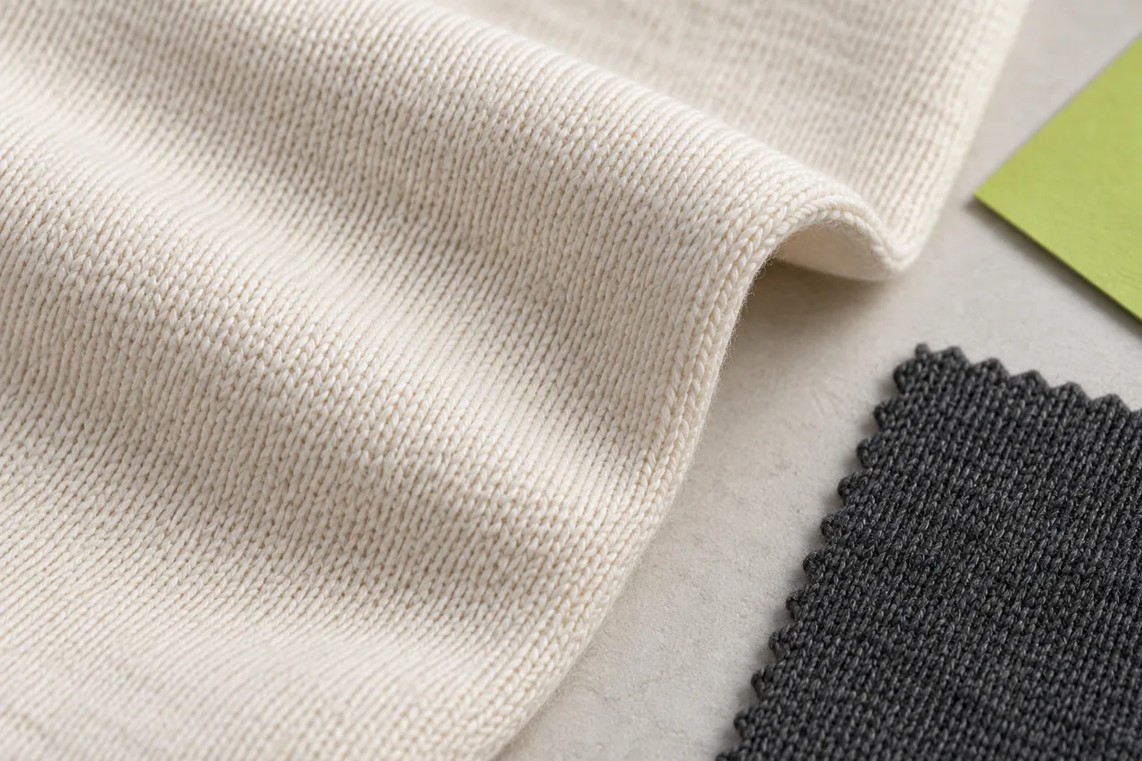 Close view of ivory jersey loops and a folded edge beside a contrasting charcoal swatch