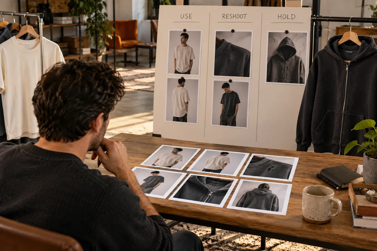 Founder sorting conceptual photo proofs into use, reshoot and hold groups beside garment references