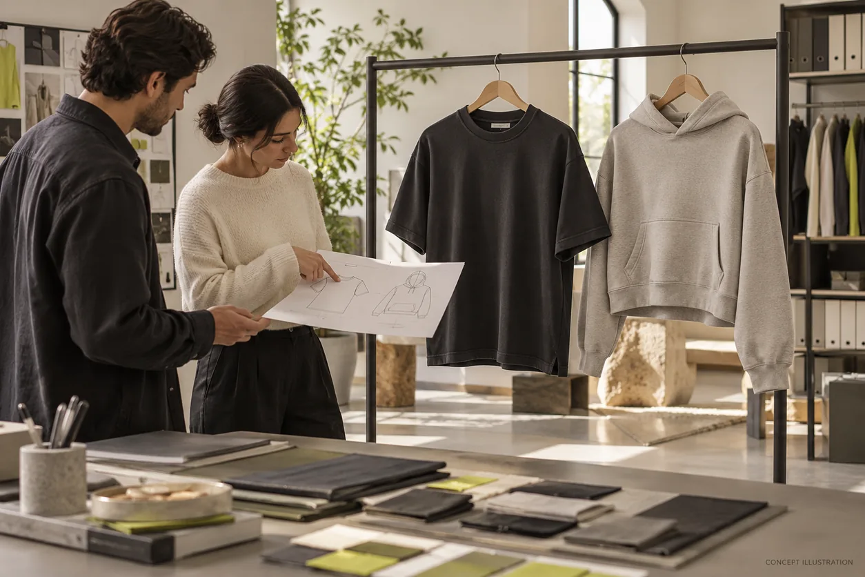 Two apparel developers compare a measurement map beside a charcoal T-shirt and stone cropped hoodie in a conceptual sample archive