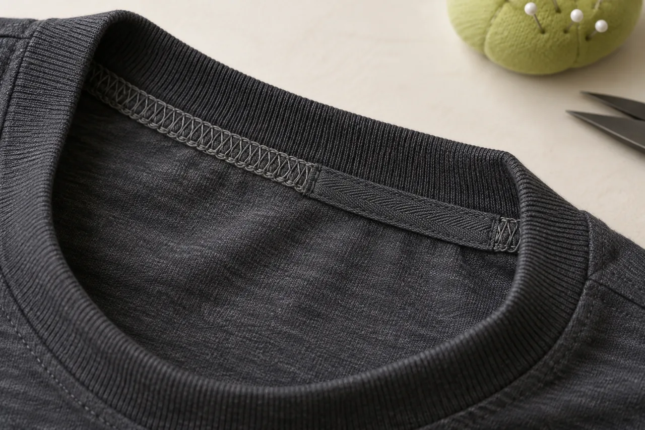 Conceptual inside neckline view showing seam finishing and back-neck tape