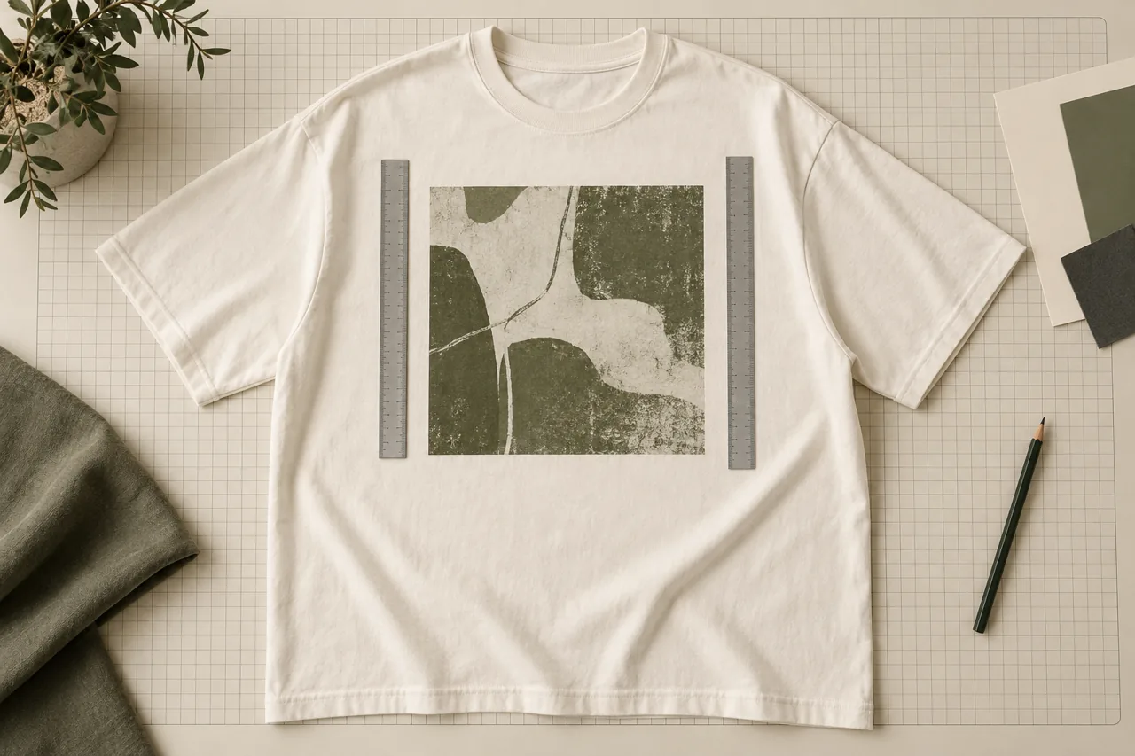 Conceptual flat garment setup for checking graphic dimensions and position