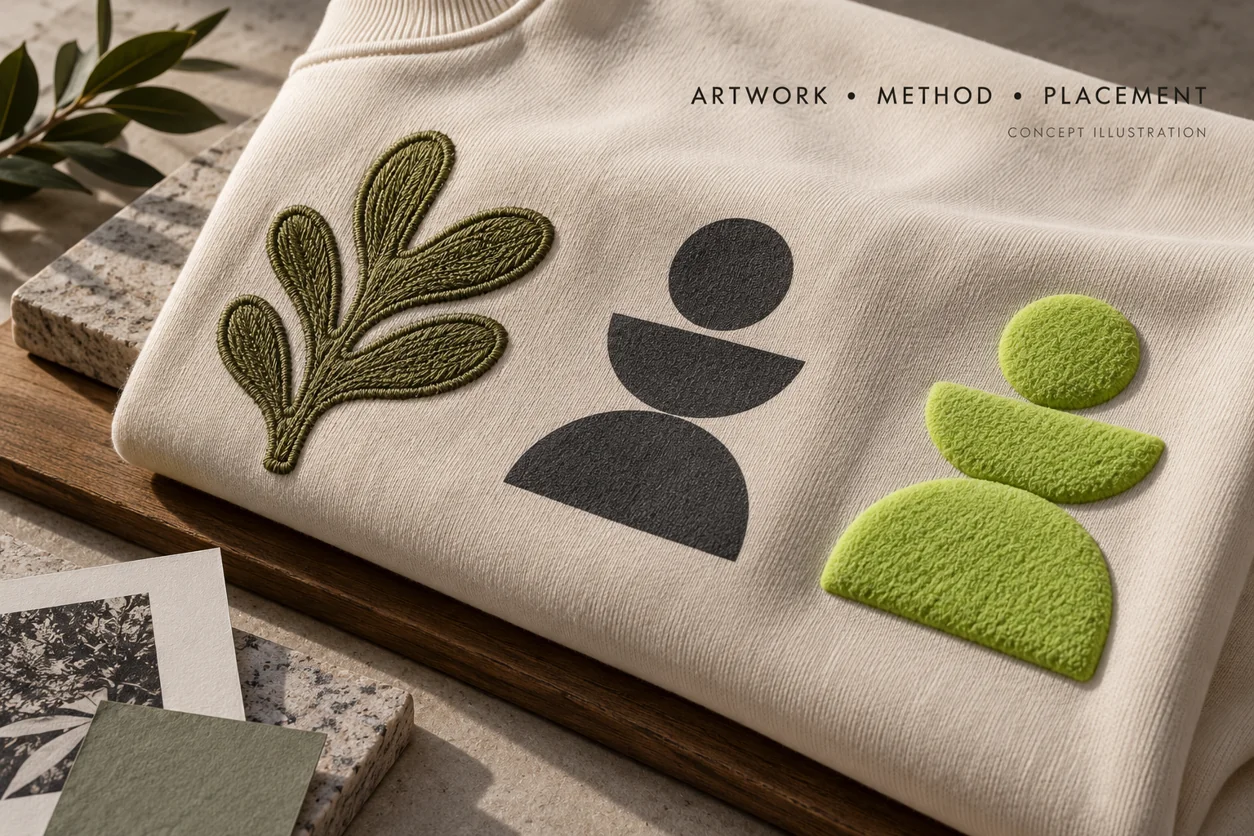 Conceptual flat print, raised print and stitched decoration samples showing different artwork treatments