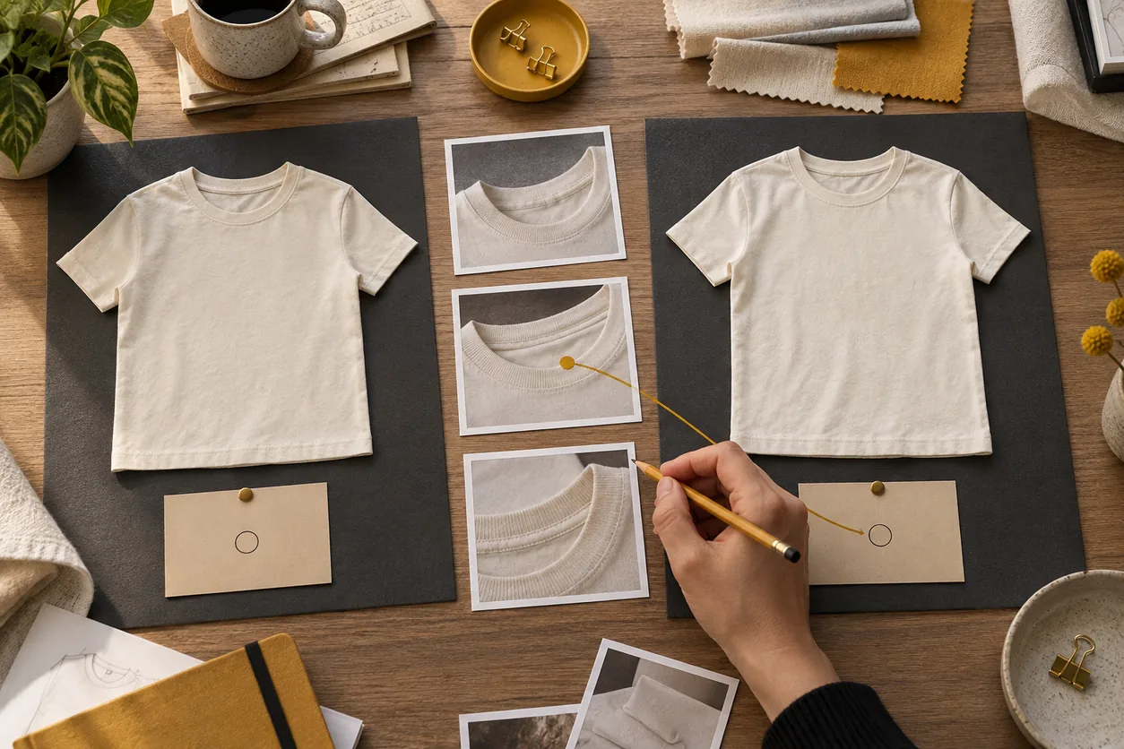 Two cream T-shirt proposals and corresponding neckline photographs are arranged for a revision comparison