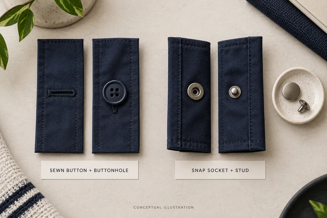 Conceptual close-up distinguishes a sewn button with its buttonhole from the socket and stud of an open snap proposal