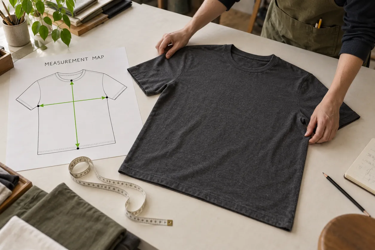 Conceptual designer preparing a garment measurement map beside a laid-out charcoal tee