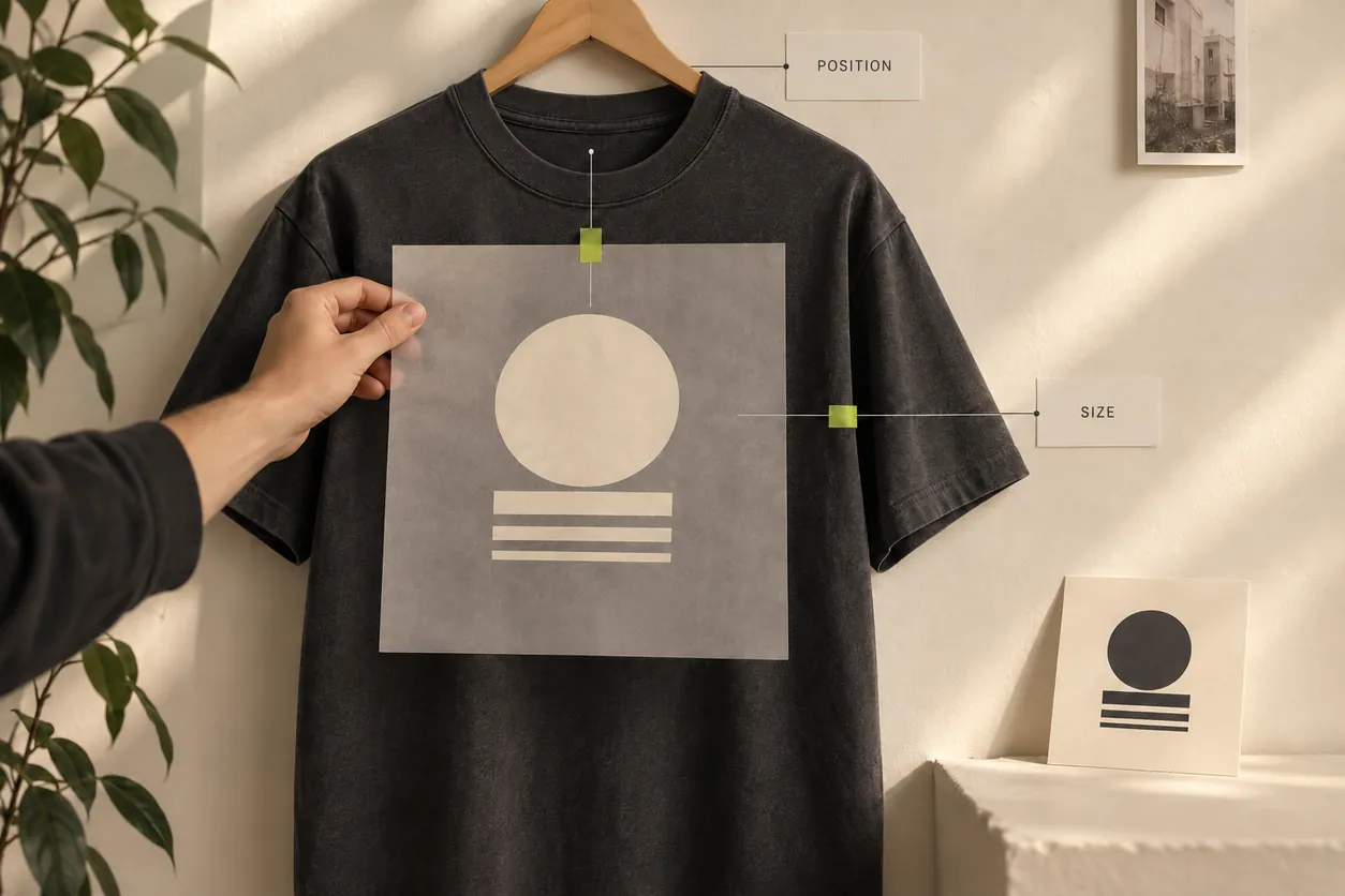 Conceptual artwork overlay separating graphic position and size on a charcoal streetwear tee