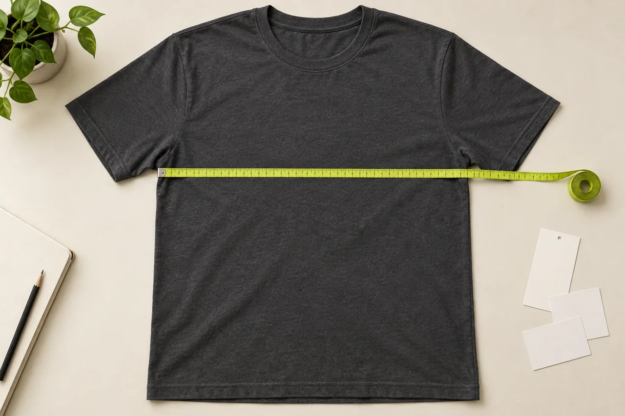A charcoal T-shirt laid flat with a tape across the chest illustrates the starting point for a garment measurement chart