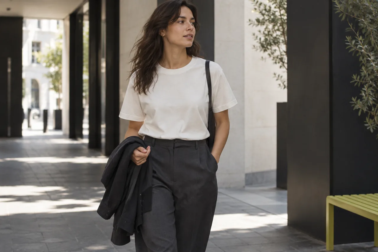An illustrative everyday outfit places a substantial ivory tee in a shaded urban setting with an optional outer layer