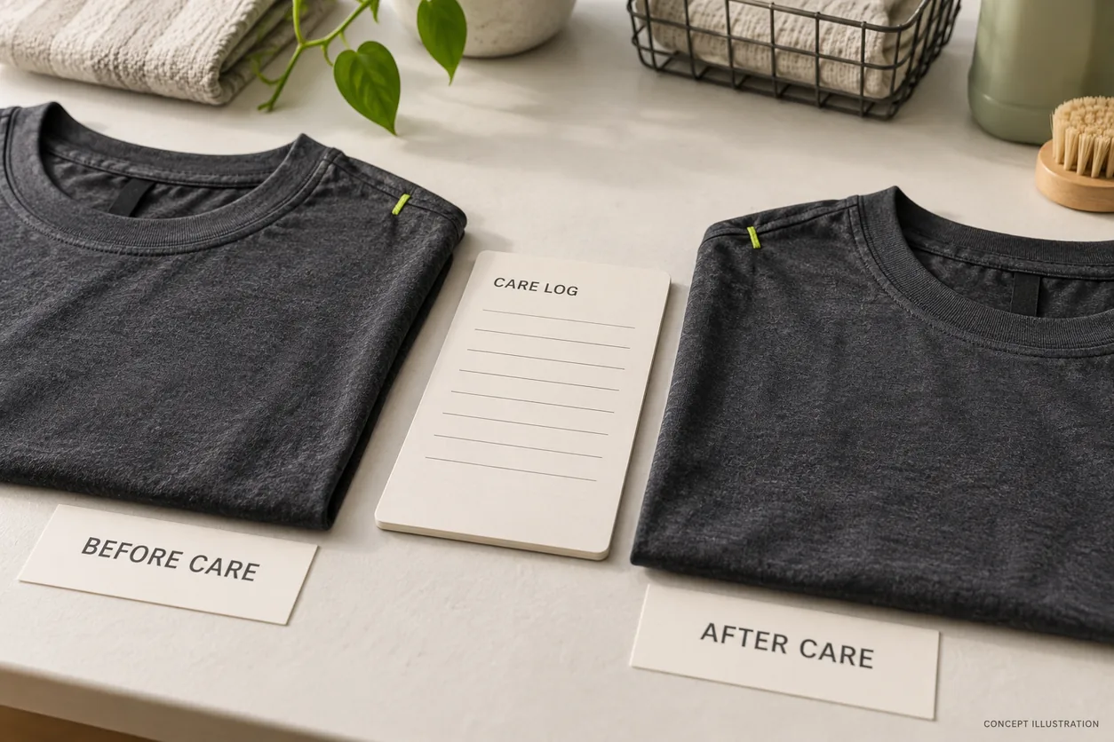 Conceptual before-care and after-care T-shirt references with matching identification markers and an empty care log
