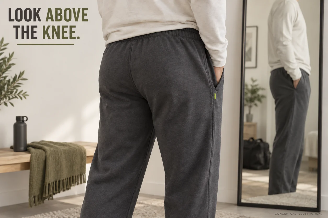 A conceptual rear three-quarter fitting view shows the seat and upper-thigh area of charcoal knit sweatpants