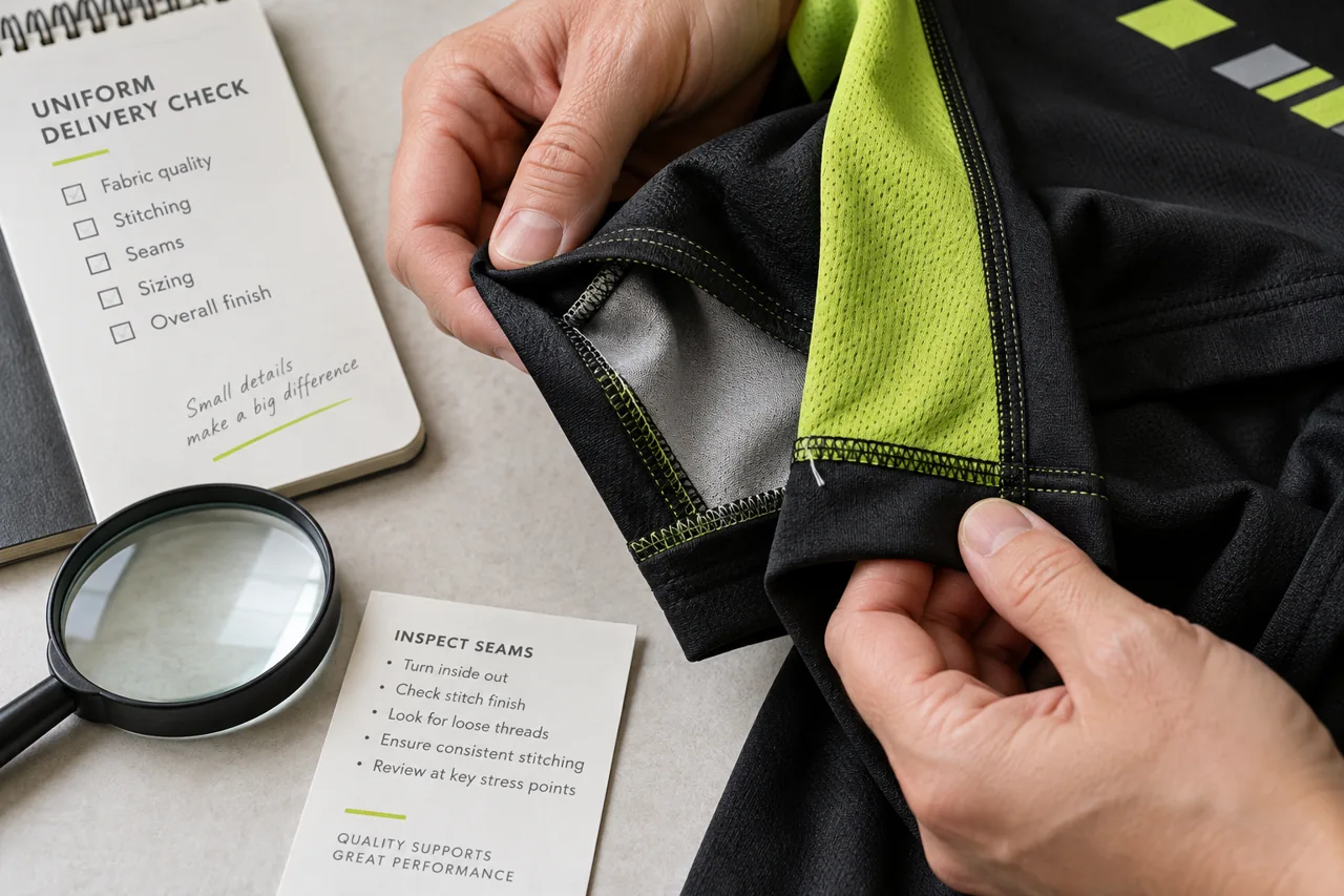 Hands inspect the inside cuff and side seam of a black jersey with a lime panel.