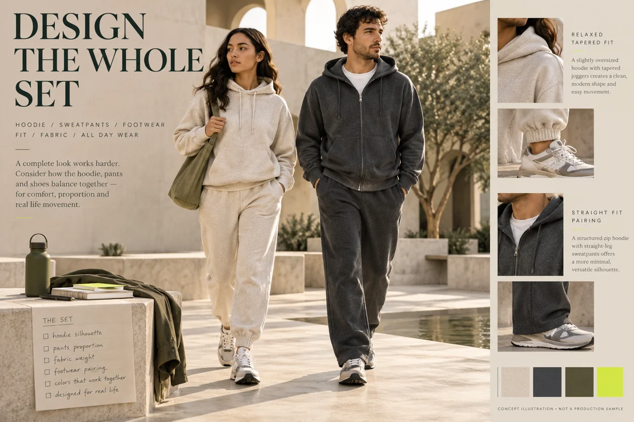 Concept comparison of an oatmeal relaxed hoodie set and a charcoal zip hoodie with straight sweatpants