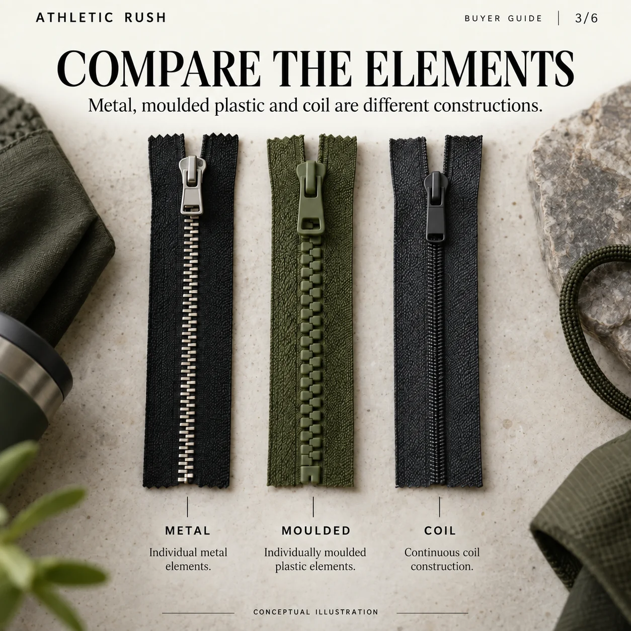 Conceptual macro comparison of metal, moulded plastic and coil zipper elements