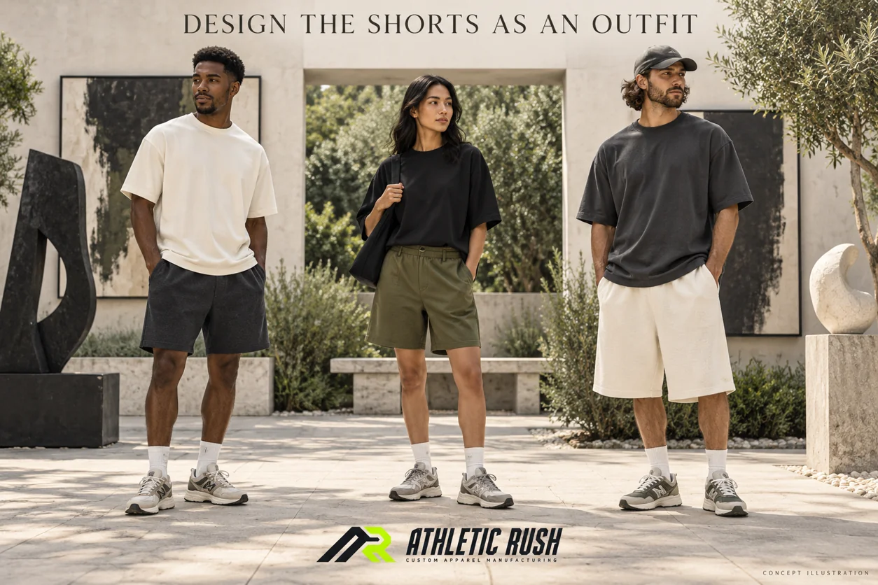 Three adult wearers illustrate above-knee knit shorts, near-knee woven shorts and longer relaxed shorts with different T-shirt proportions