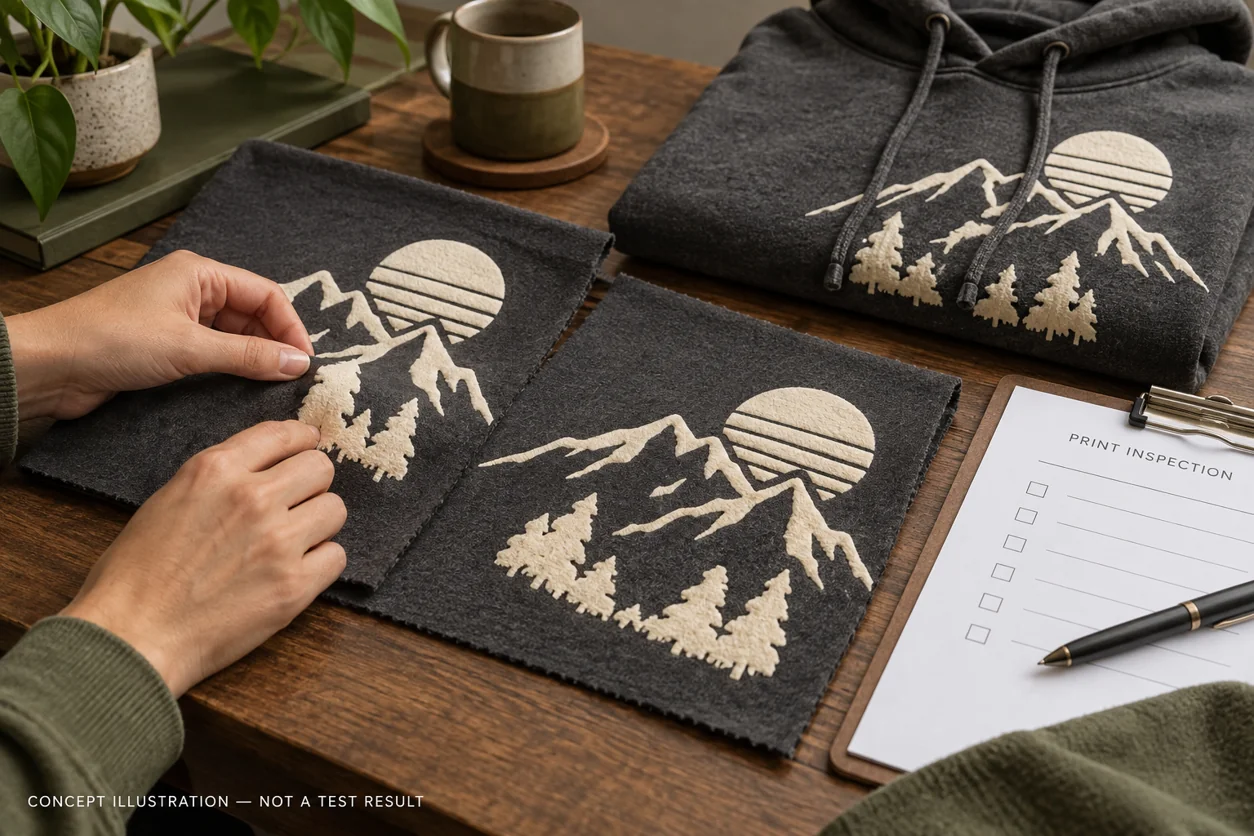 Concept inspection of printed hoodie specimens during an agreed care-review workflow