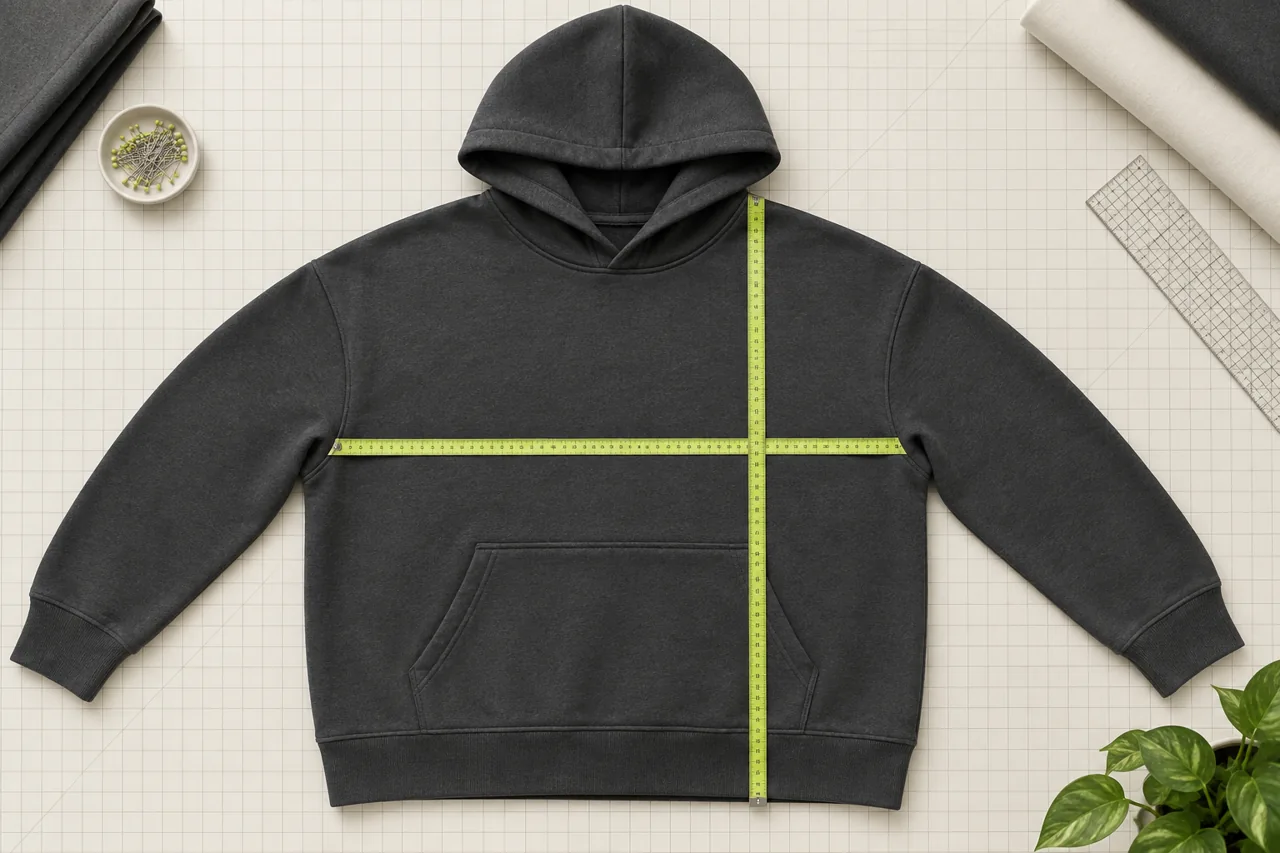 A charcoal hoodie laid flat with tapes positioned across the chest and along the body to illustrate defined measurement points.