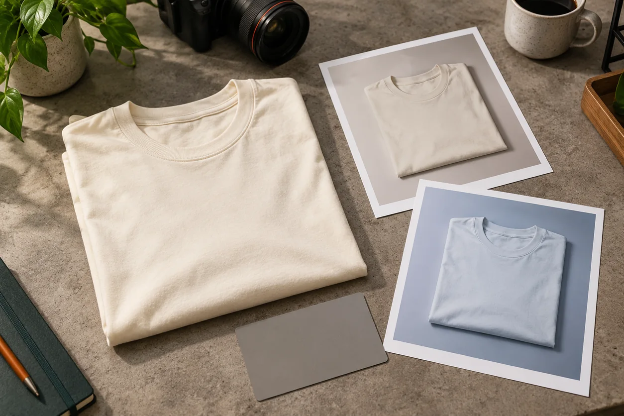 A cream tee compared with neutral-looking and cool-cast photographs beside a gray reference card