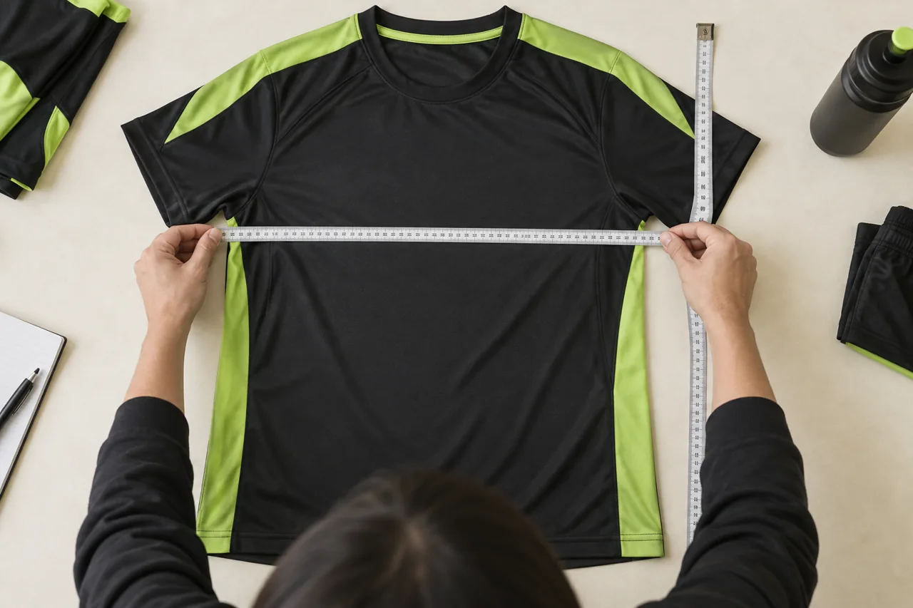 Hands measure the chest width of a team jersey laid flat on a clean table.