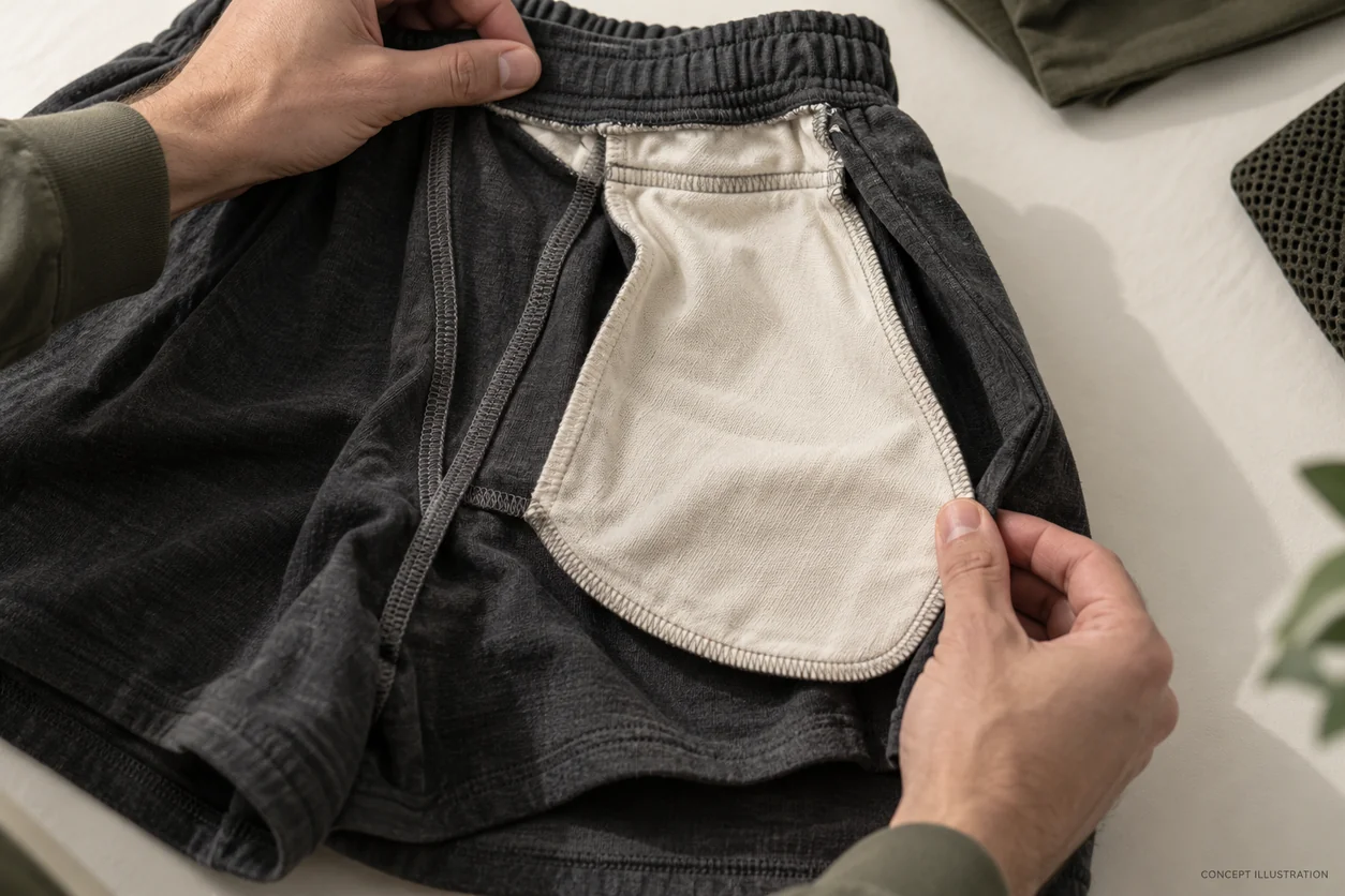 Conceptual inside-out charcoal shorts show an ivory pocket bag, folded opening facing and closed lower seam while hands spread the assembly for inspection