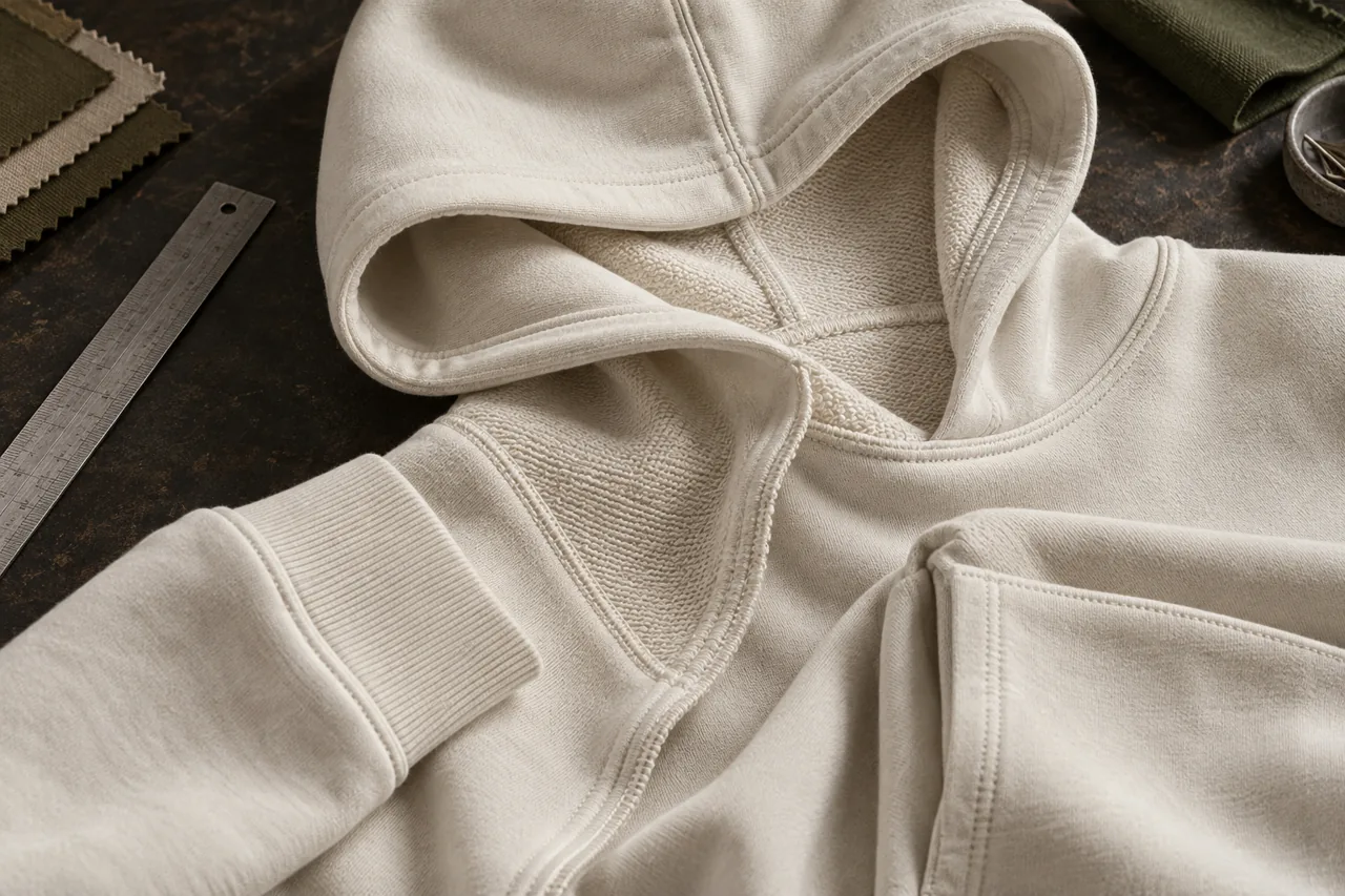 Conceptual inside-out hoodie detail showing loopback fabric, cuff rib and a hood seam junction