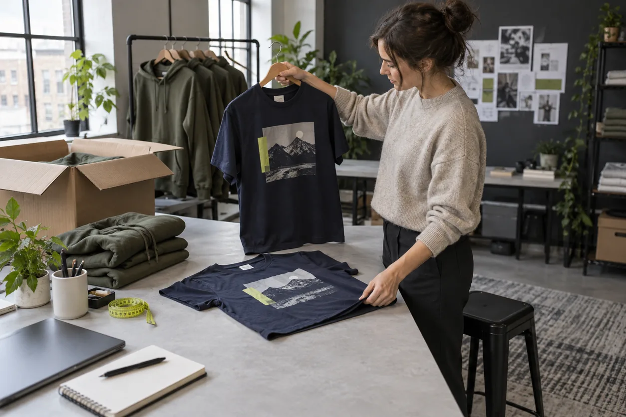 Conceptual founder comparing a delivered navy graphic T-shirt with a retained garment reference in a receiving studio