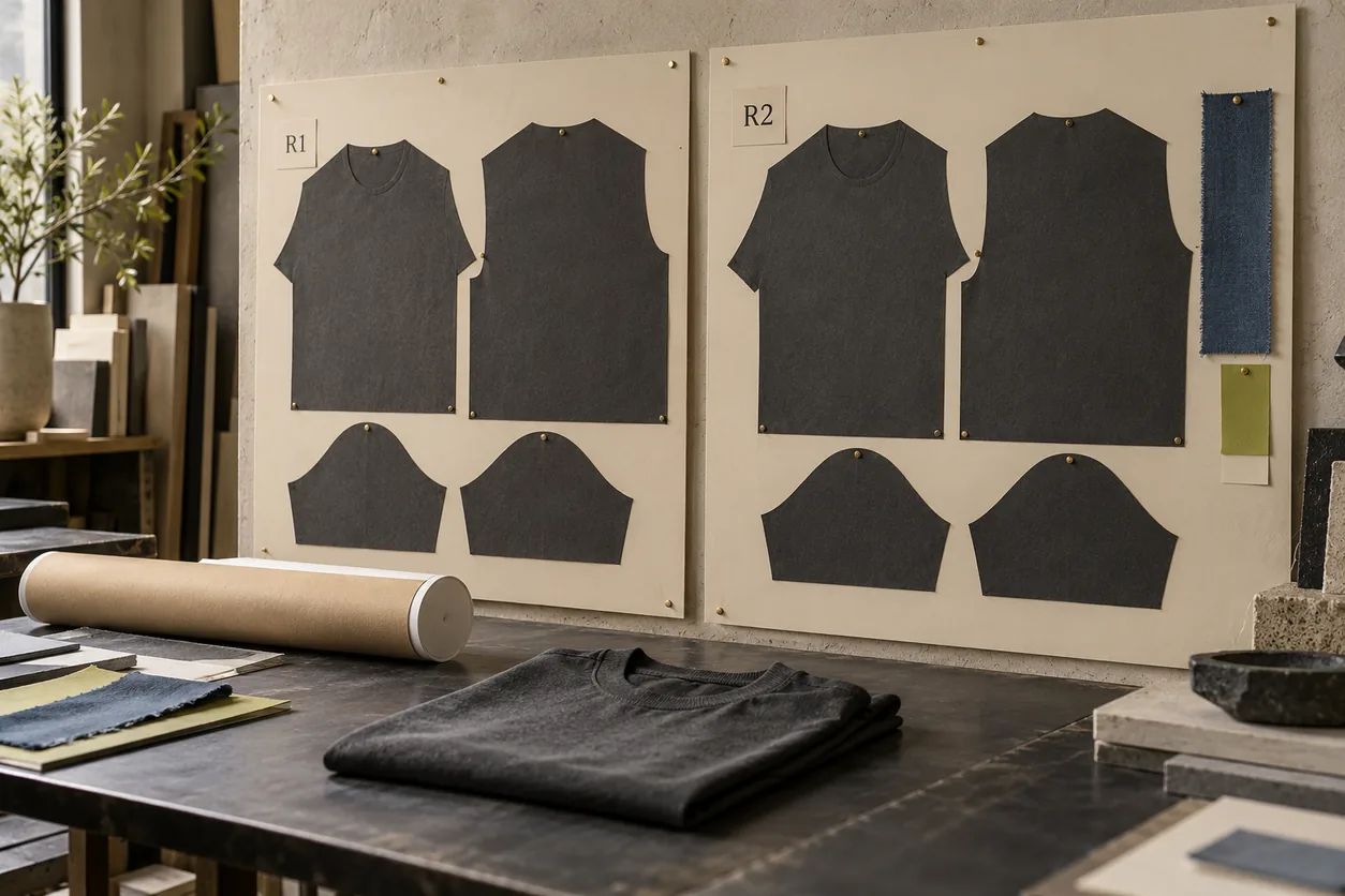 Two conceptual garment-version boards marked R1 and R2 sit beside an archive tube and textile proposal