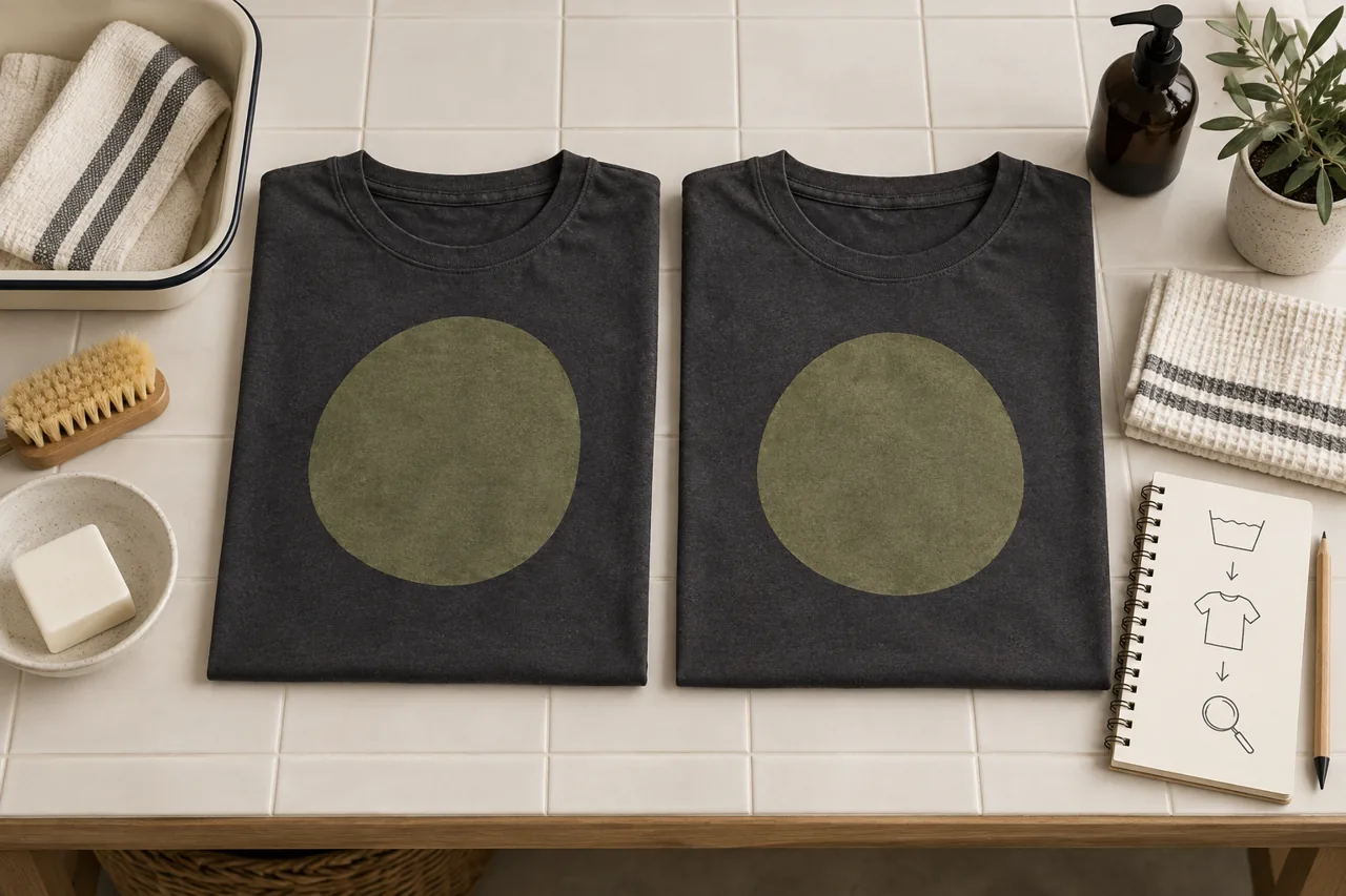 Conceptual paired printed garments arranged for documenting an agreed care comparison