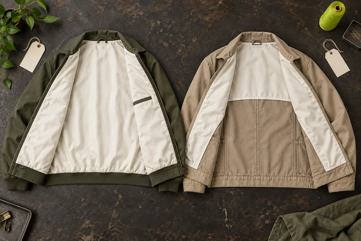 Conceptual overhead comparison shows complete cream lining on an olive jacket and partial upper-back lining with exposed lower-body finishing on a sand jacket