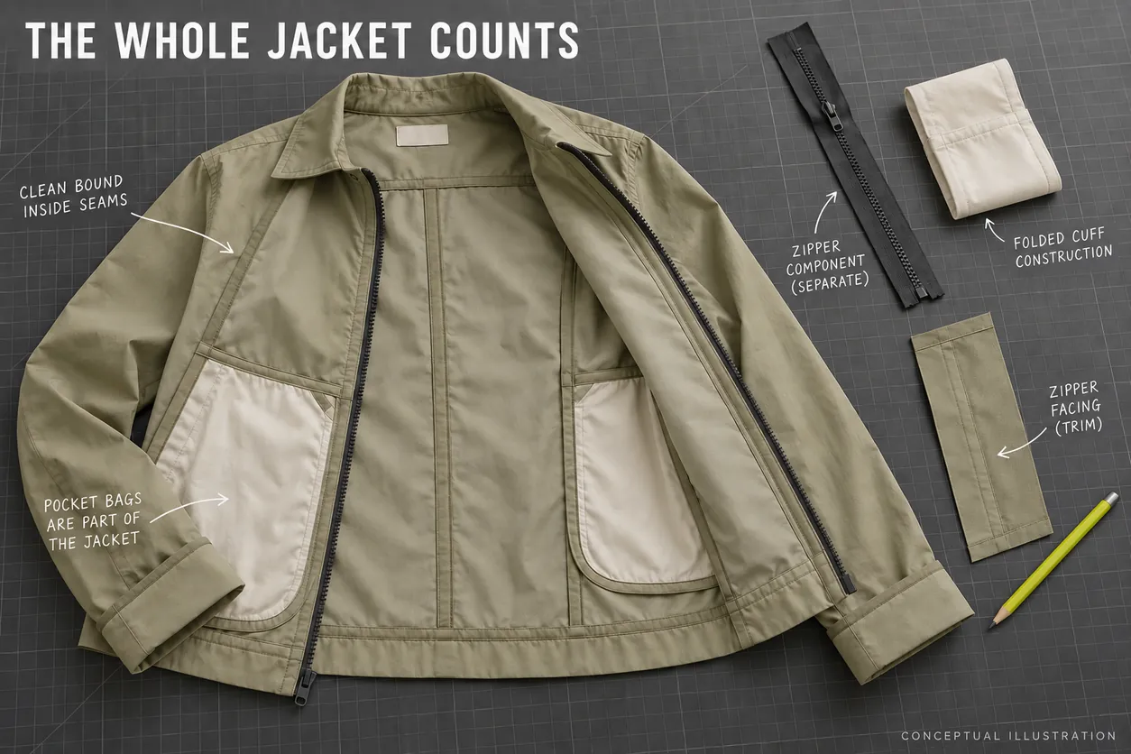 Conceptual opened jacket shows inside seams, pocket bags, zipper facing and cuff pieces as parts of the complete assembly