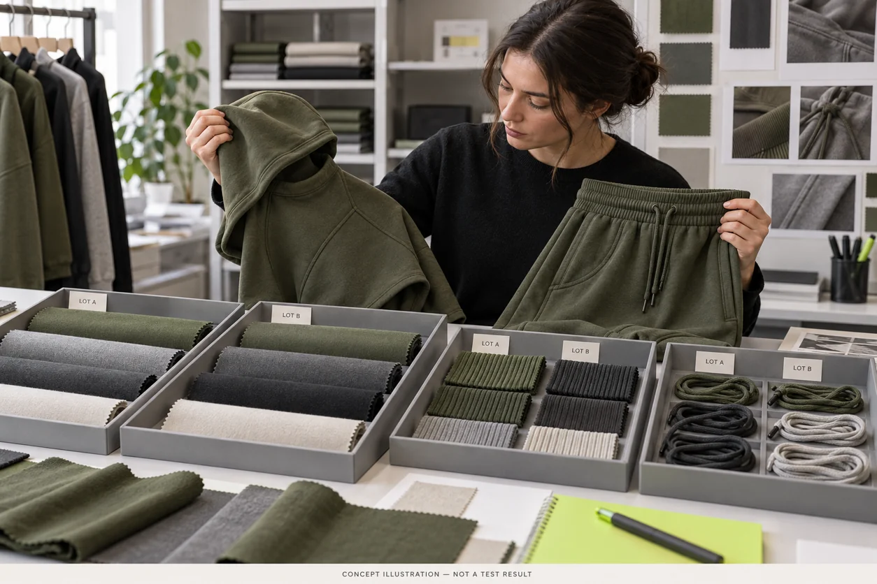 Concept reference archive with separately identified fabric lots and trim samples for future set comparisons