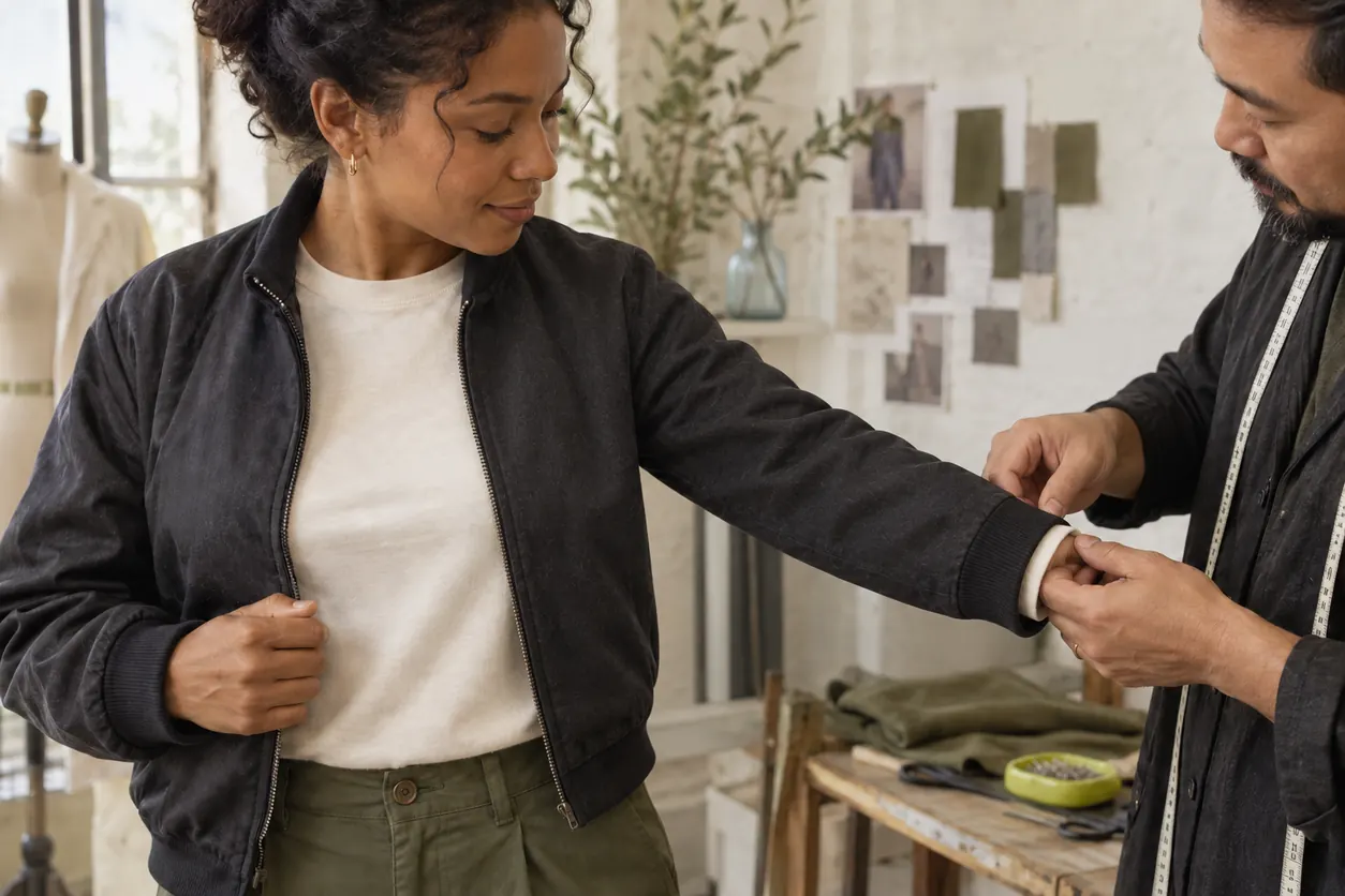 Conceptual fitting scene shows a tailor reviewing a charcoal jacket cuff over a cream long-sleeve underlayer