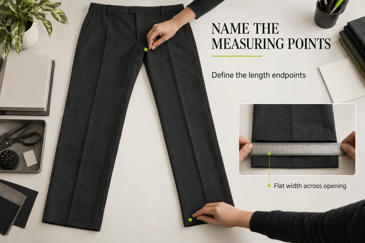 Conceptual atelier view identifies the crotch and finished hem endpoints, with a separate inset showing flat opening width