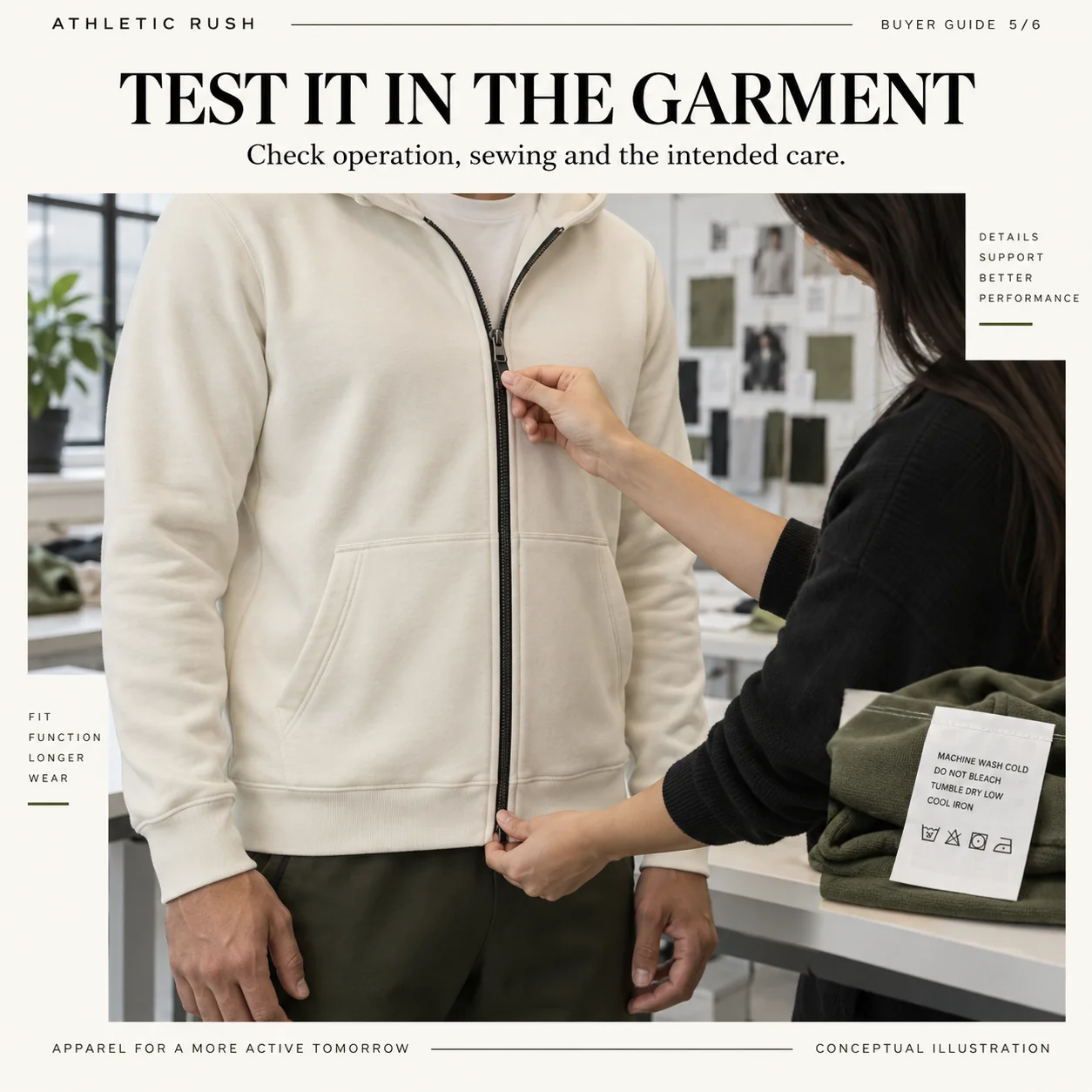 Conceptual review of a zipper sewn into a hoodie with attention to operation and front alignment