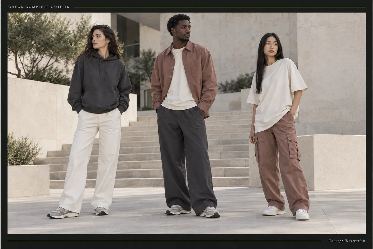 Three adult wearers in different charcoal, chalk and clay streetwear outfit combinations on a pedestrian plaza
