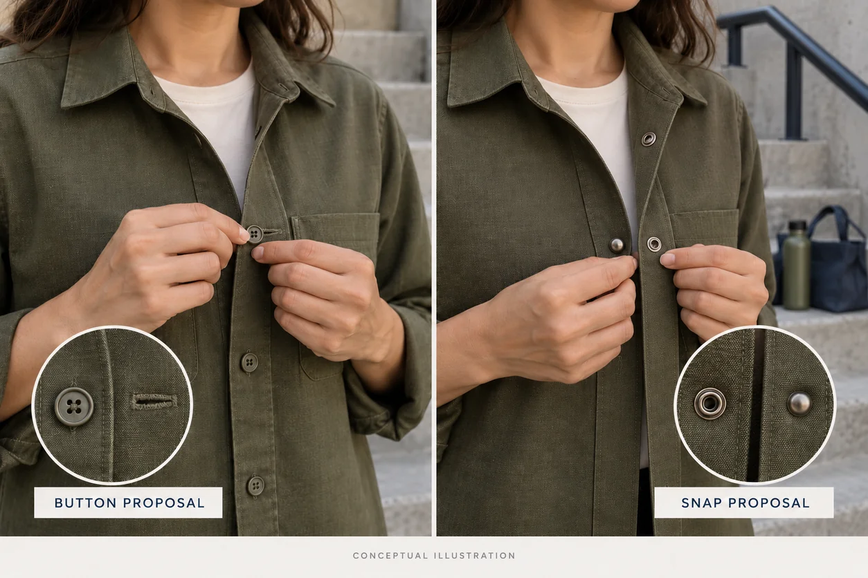 Conceptual wearer compares the button-through-opening action with a snap opening action on two olive overshirt proposals