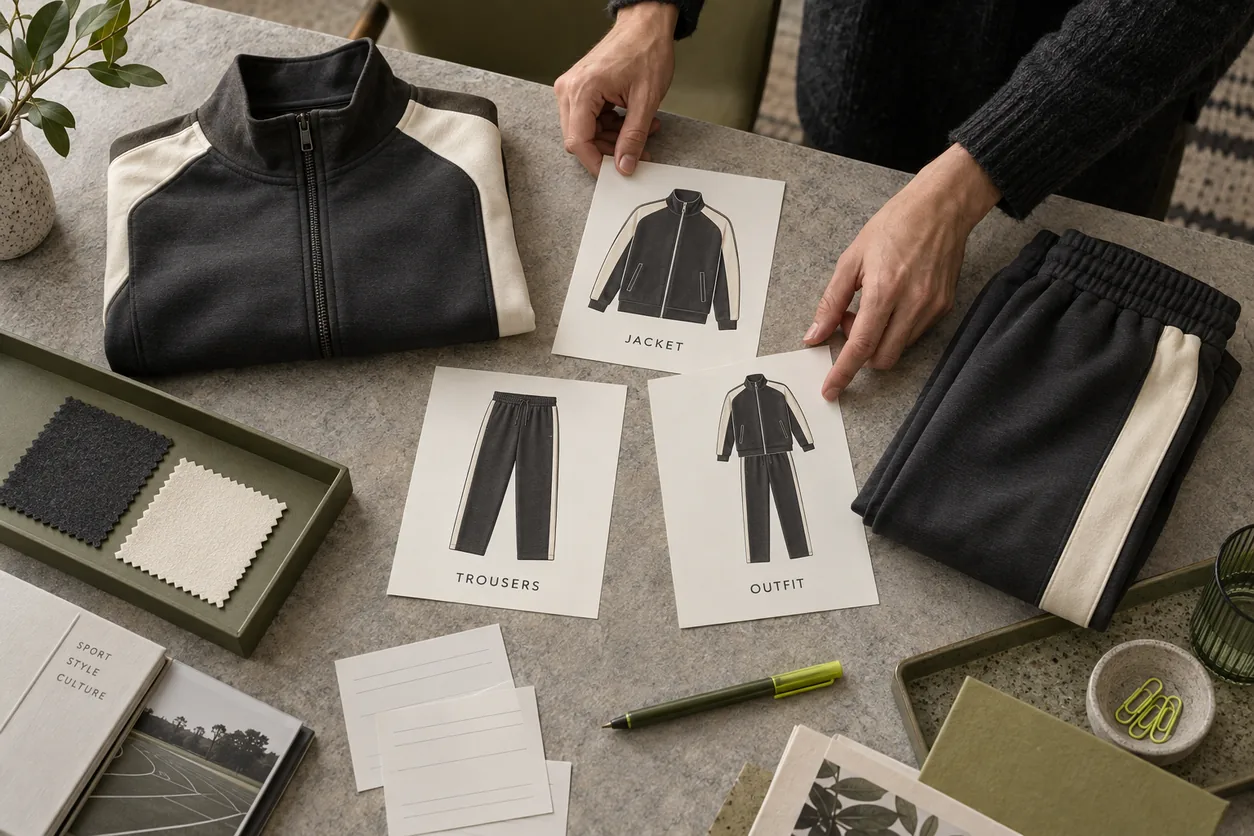Jacket, trouser and complete-outfit reference cards are arranged beside separate folded components for a traceable approval review