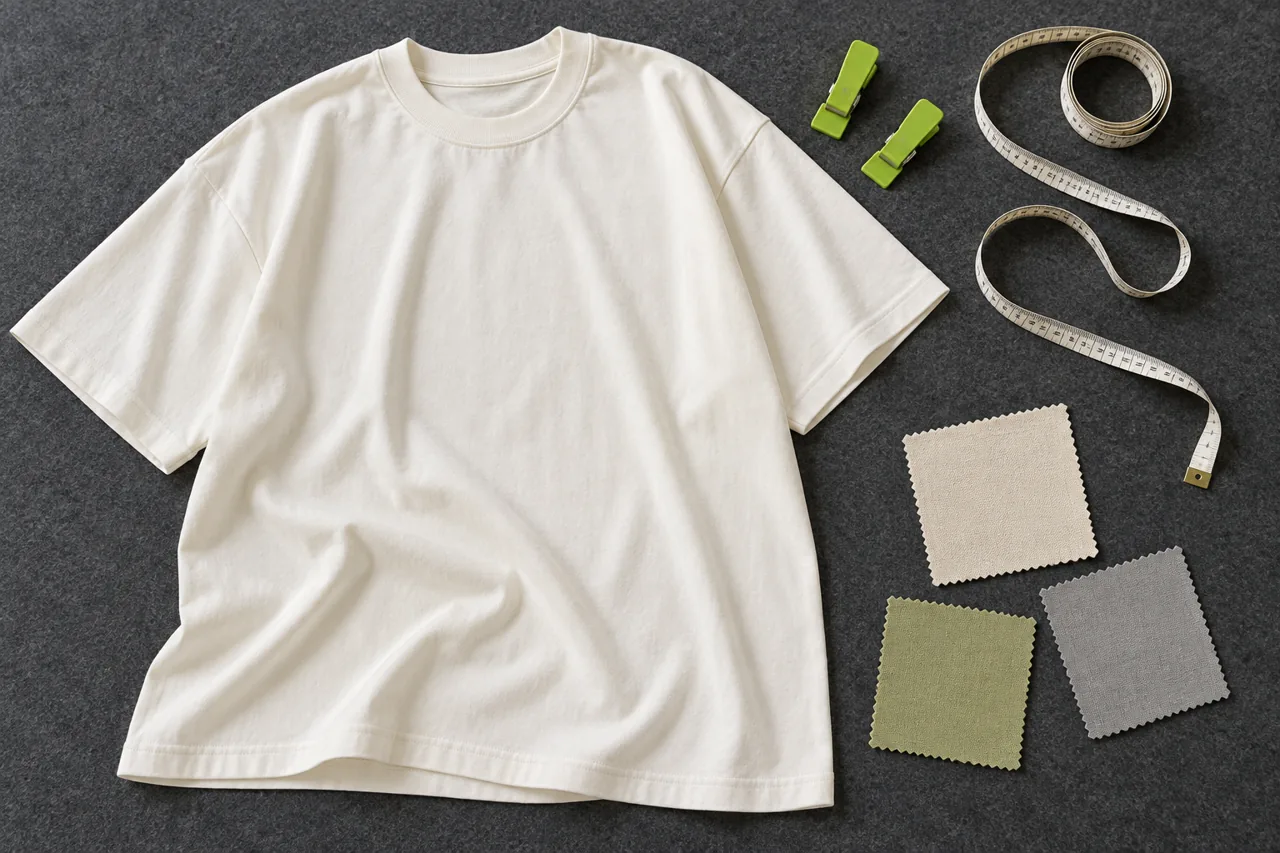 Oversized T-shirt sample laid out with fabric references and a measuring tape for an approval review