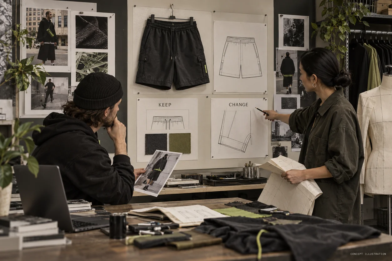 A designer and pattern maker separate retained waistband and material references from a proposed shorts-outline revision