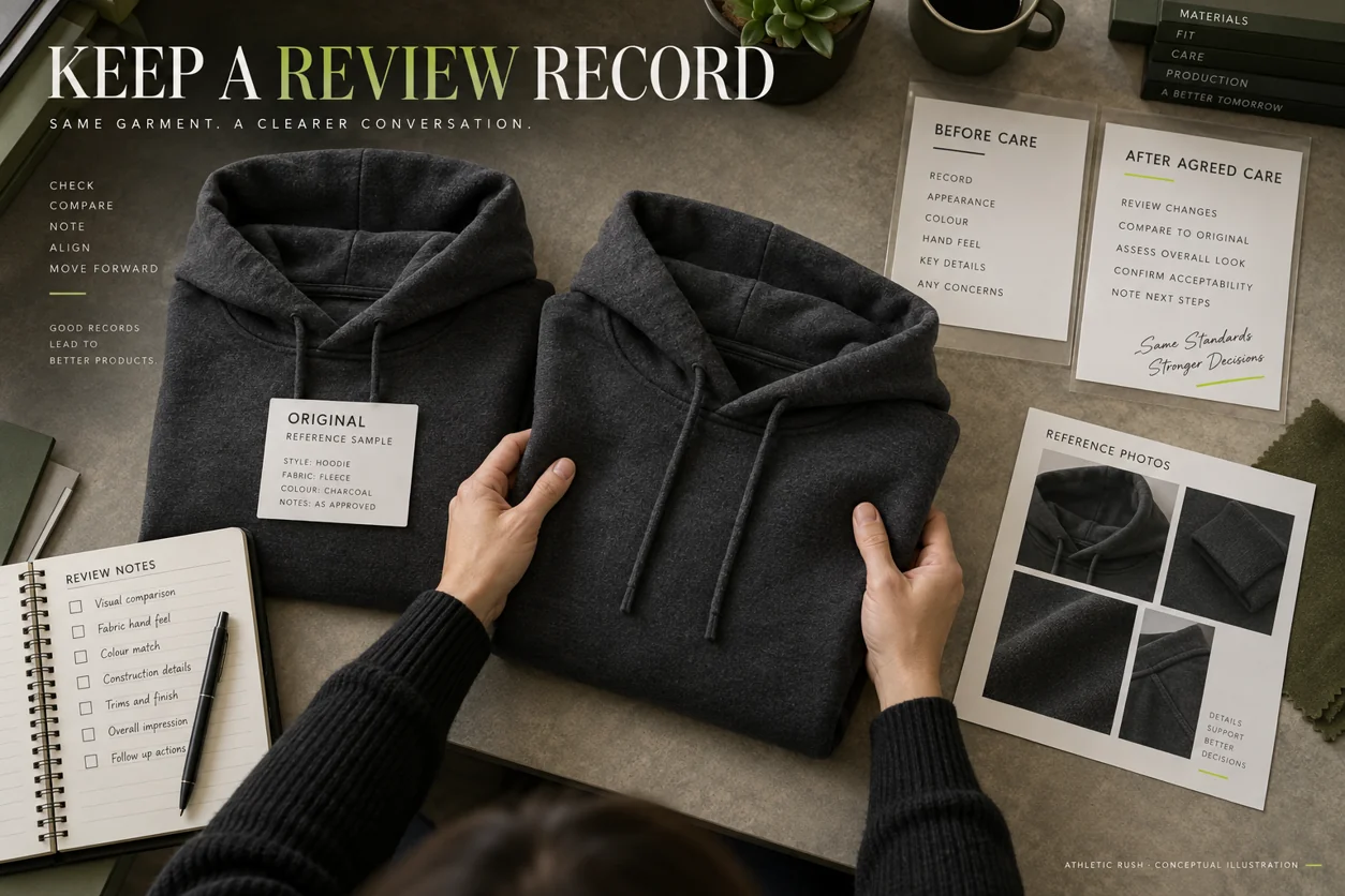Conceptual comparison of a hoodie sample before and after an agreed care review