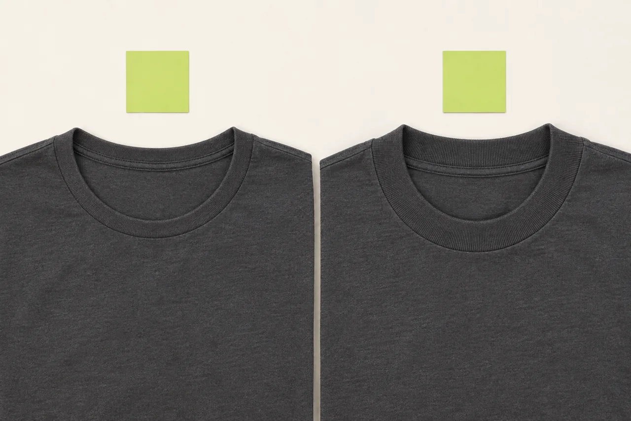 Conceptual comparison of narrower and wider finished rib bands on two charcoal T-shirts