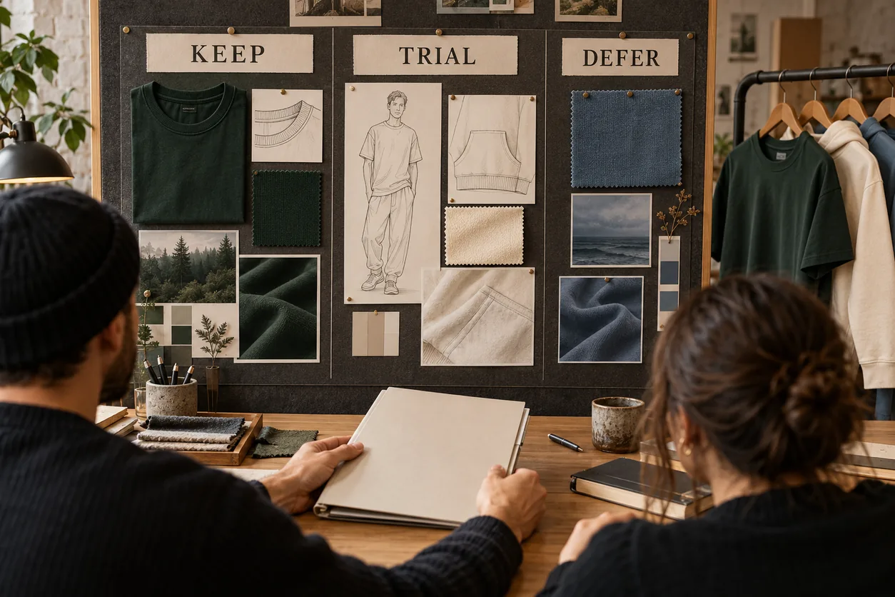 Keep, Trial and Defer sections organize the next collection's garment decisions