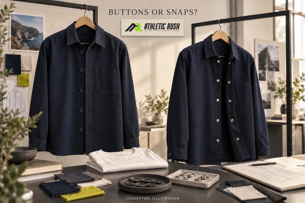 Conceptual studio gallery compares navy overshirt fronts with visible sewn buttons and metal snap closures