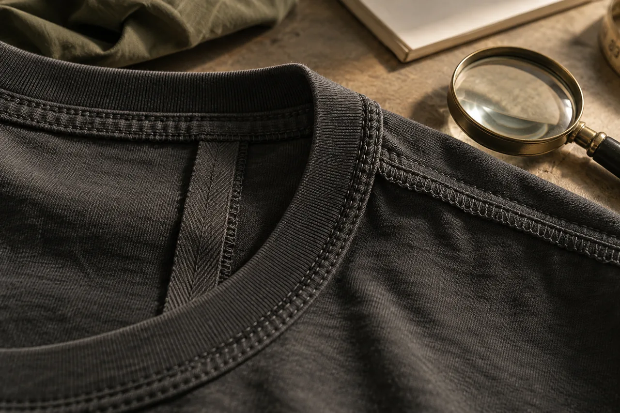Conceptual close view of a T-shirt neckline binding and shoulder seam