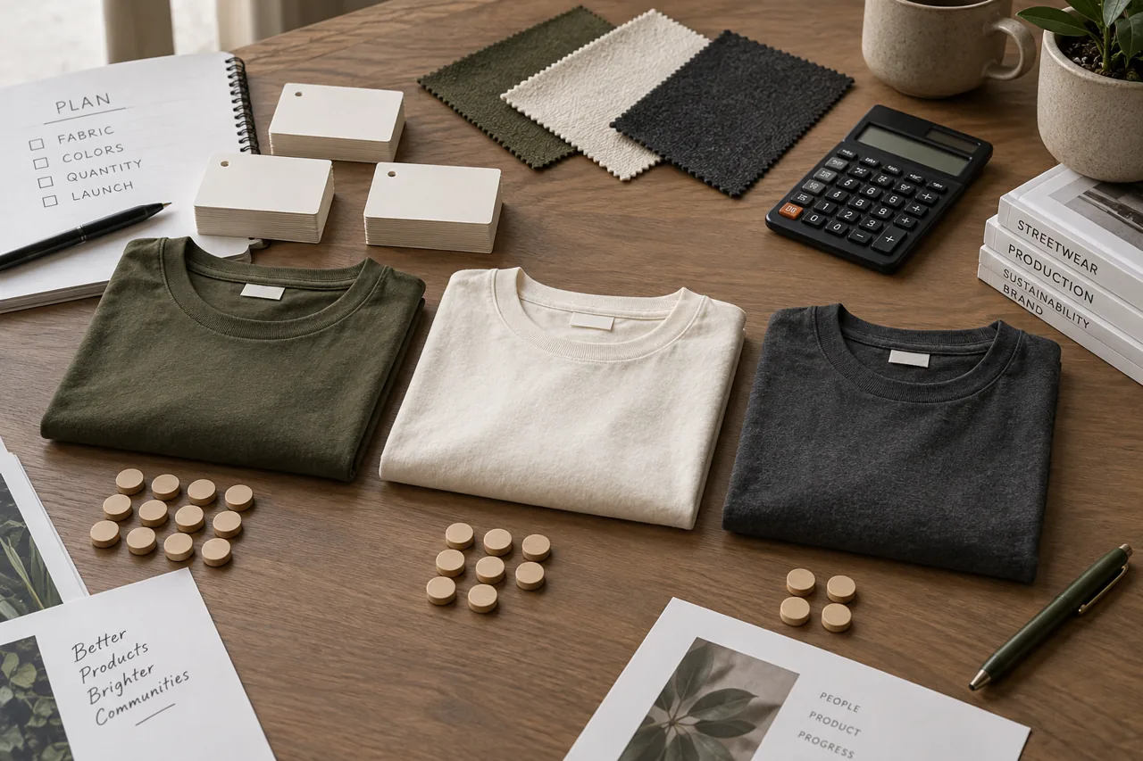 Conceptual collection budgeting desk with garment references and quantity-planning cards